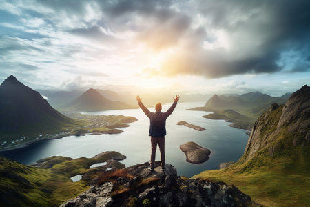 Man standing on the edge of a cliff with arms raised enjoying the viewの素材