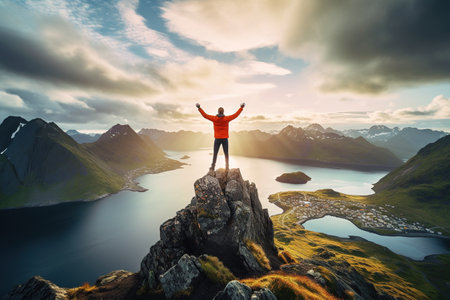 Man standing on top of a mountain and looking at the fjord.の素材