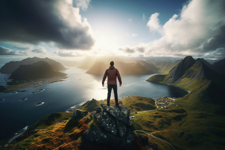 Man standing on top of a mountain and looking at fjord.の素材