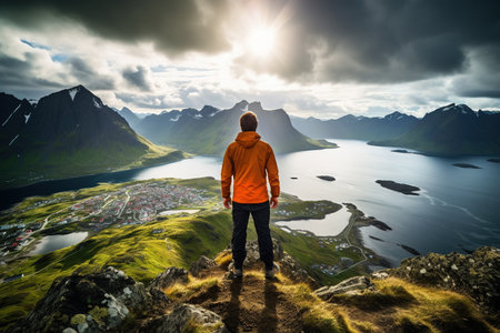 Tourist standing on the top of a mountain and enjoying the view on Lofoten islands, Norwayの素材
