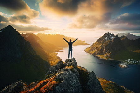 Man standing on top of a mountain and enjoying the view of the fjordの素材