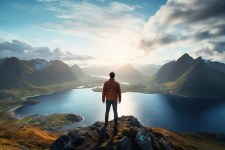 Man standing on top of a mountain and looking at the fjordの素材