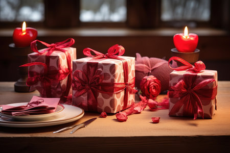 Romantic table setting with red gift boxes and candles on wooden tableの素材