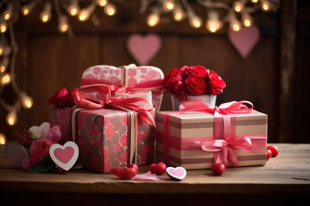 Gift boxes and red roses on wooden background with bokehの素材