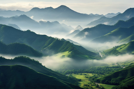 Mountain landscape with clouds and fog in the morning, Taiwan.の素材