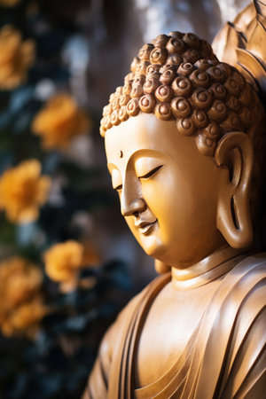Buddha statue with yellow flowers in the garden, Thailand.の素材