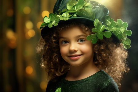Portrait of a beautiful little girl with curly hair in a green leprechaun hat.の素材