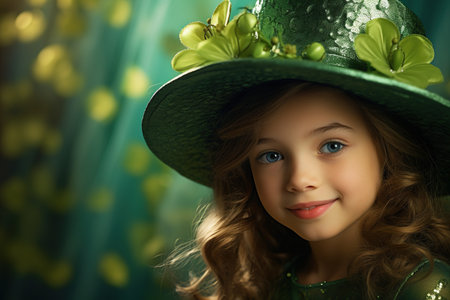 Portrait of a beautiful little girl with curly hair in a green hat.の素材