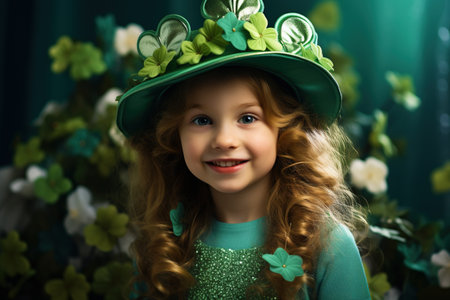 Portrait of a cute little girl with curly hair in a green dress and a hat.の素材