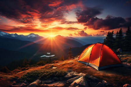 Camping in the mountains at sunset. Tent on the top of the mountain.の素材