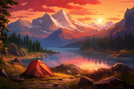 Tent on the lake in the mountains at sunset. Illustrationの素材