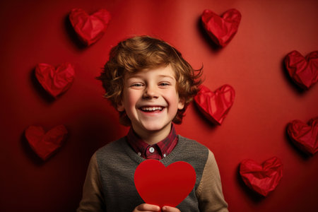 Little boy with red heart on red background. Valentine's day concept.の素材