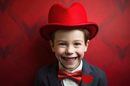 Little boy in a red hat and bow tie on a red backgroundの素材