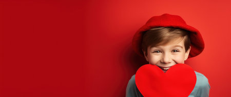 Portrait of a little boy in a red hat with a heart on a red backgroundの素材