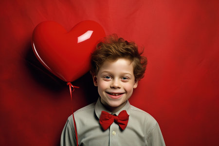Little boy with red heart-shaped balloon on a red background.の素材