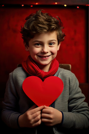 Cute little boy holding red paper heart. Valentine's day.の素材