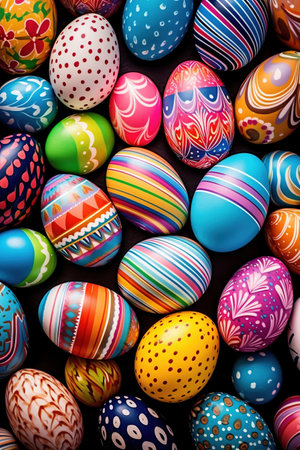 Colorful easter eggs on black background. Happy easter!の素材