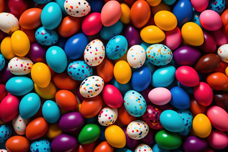 Easter eggs background. Colorful easter eggs background. Top view.の素材