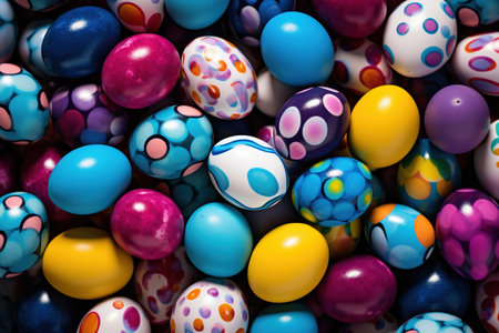 Colorful easter eggs background. Top view. Copy space.の素材