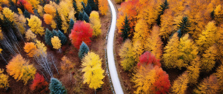 Aerial view of autumn forest with road and colorful trees. Top view.の素材