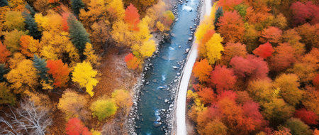 Aerial view of autumn forest with river. Colorful trees in autumn seasonの素材