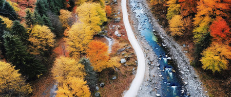 Aerial view of autumn forest with colorful trees and mountain river.の素材