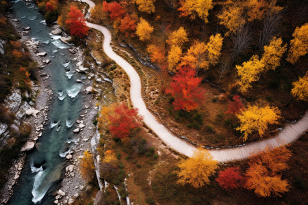 Aerial view of autumn forest and river. Colorful trees in autumn seasonの素材