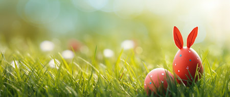 Easter eggs in the grass with bokeh background, bannerの素材