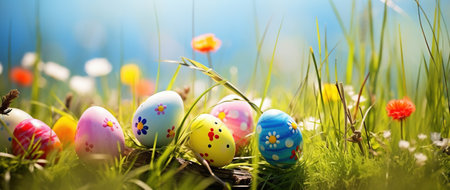 Colorful easter eggs on green grass with flowers, panoramaの素材