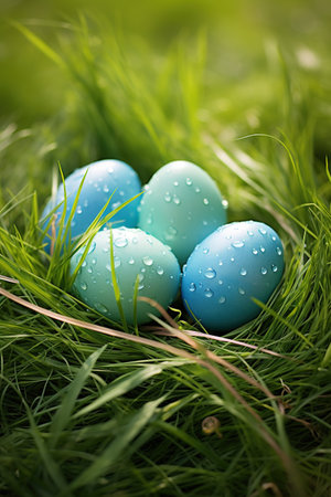 Easter eggs on green grass background. Shallow depth of field.の素材