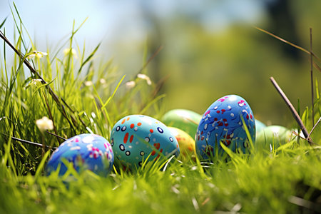 Colorful easter eggs on green grass background. Happy Easter!の素材