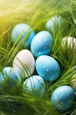 Easter eggs in green grass. Happy easter card. Copy space.の素材