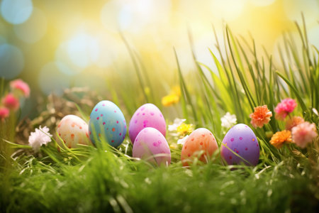 Colorful easter eggs on green grass with bokeh backgroundの素材