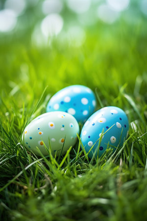 Easter eggs on green grass with bokeh background, shallow depth of fieldの素材