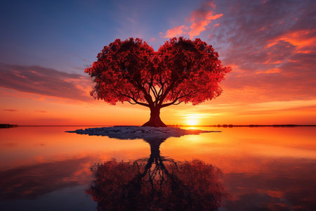 Valentine's day concept. Beautiful romantic landscape with lonely tree at sunset.の素材