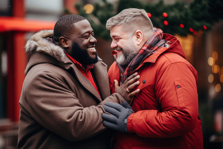 Happy gay couple in red coat hugging each other and smiling while walking outdoorsの素材