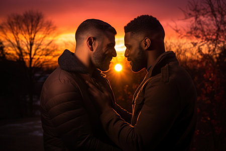 Portrait of a young gay couple embracing each other at sunset.の素材
