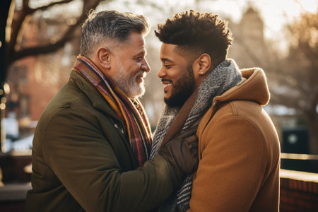Close up portrait of a smiling gay couple embracing each other outdoors.の素材
