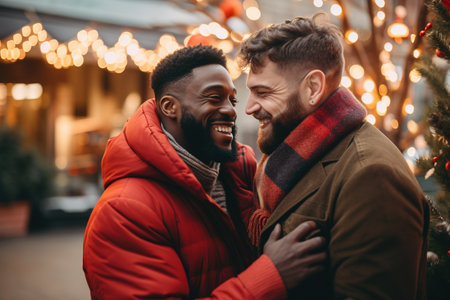 Happy multiethnic male friends hugging and looking at each other on Christmas market outdoorsの素材