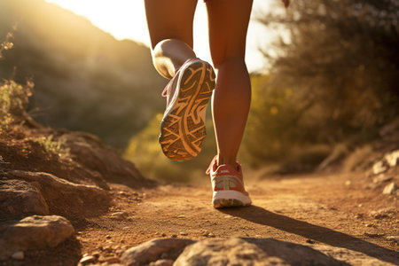 Runner athlete running on mountain trail. woman fitness jogging workout wellness concept.の素材