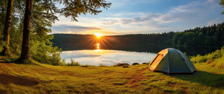 Panorama of camping tent on the shore of lake at sunset.の素材