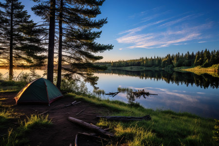 Camping on the shore of a lake in the forest at sunsetの素材
