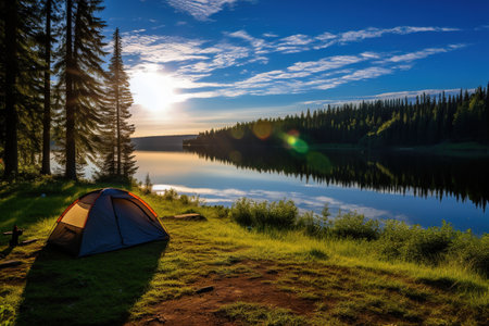 Camping on the shore of a mountain lake at sunset with a tentの素材