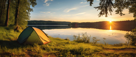 camping on the shore of a lake at sunset, panoramaの素材