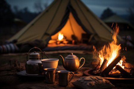 Camping in the mountains. A kettle, a cup of tea and a cup of coffee on a wooden table.の素材