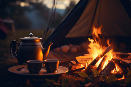 Cup of tea and teapot on campfire in eveningの素材