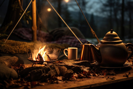 Coffee cup and teapot on wooden table. Camping concept.の素材