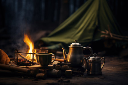 Camping concept. Teapot and cup of tea on wooden table.の素材