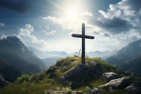 Cross on the top of the mountain in the rays of the sunの素材