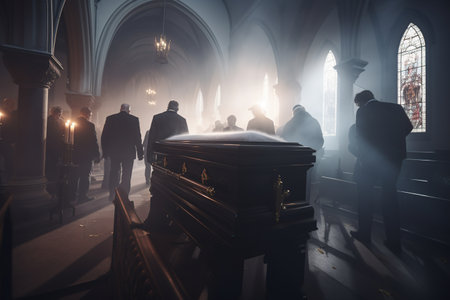 Casket in a church during a funeral or burial at cemetery.の素材